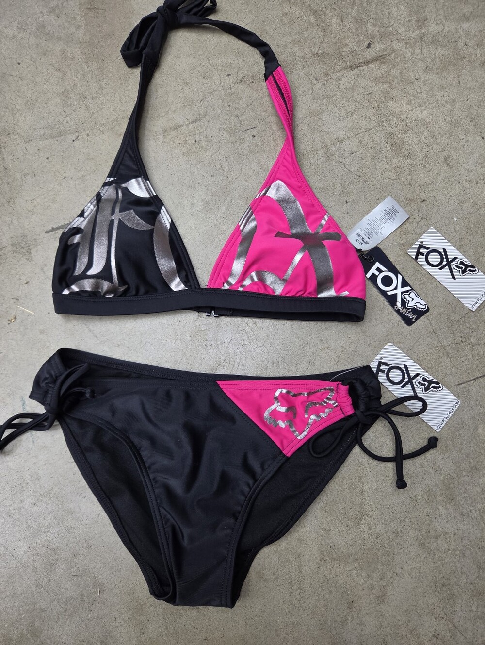 VTG Fox Racing Y2K Bikini Set Black Pink Silver Foil Logo Swimsuit Size Small